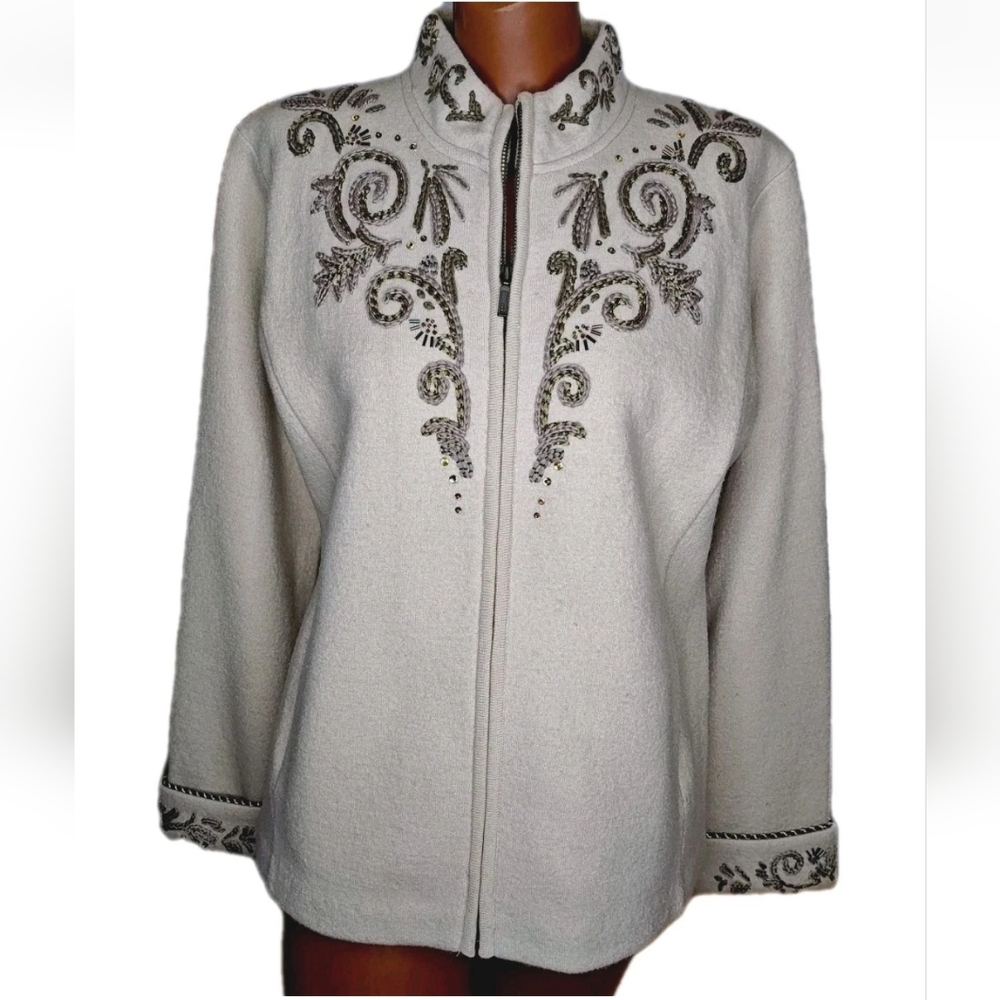 Icelandic Design Cardigan Med Beige Boiled Wool Embellished Zip Sweater Jacket